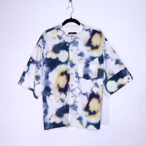 BASSIKE Boxy Collarless Shirt Blue Tie Dye Half Sleeve Casual Women's 3/US 8